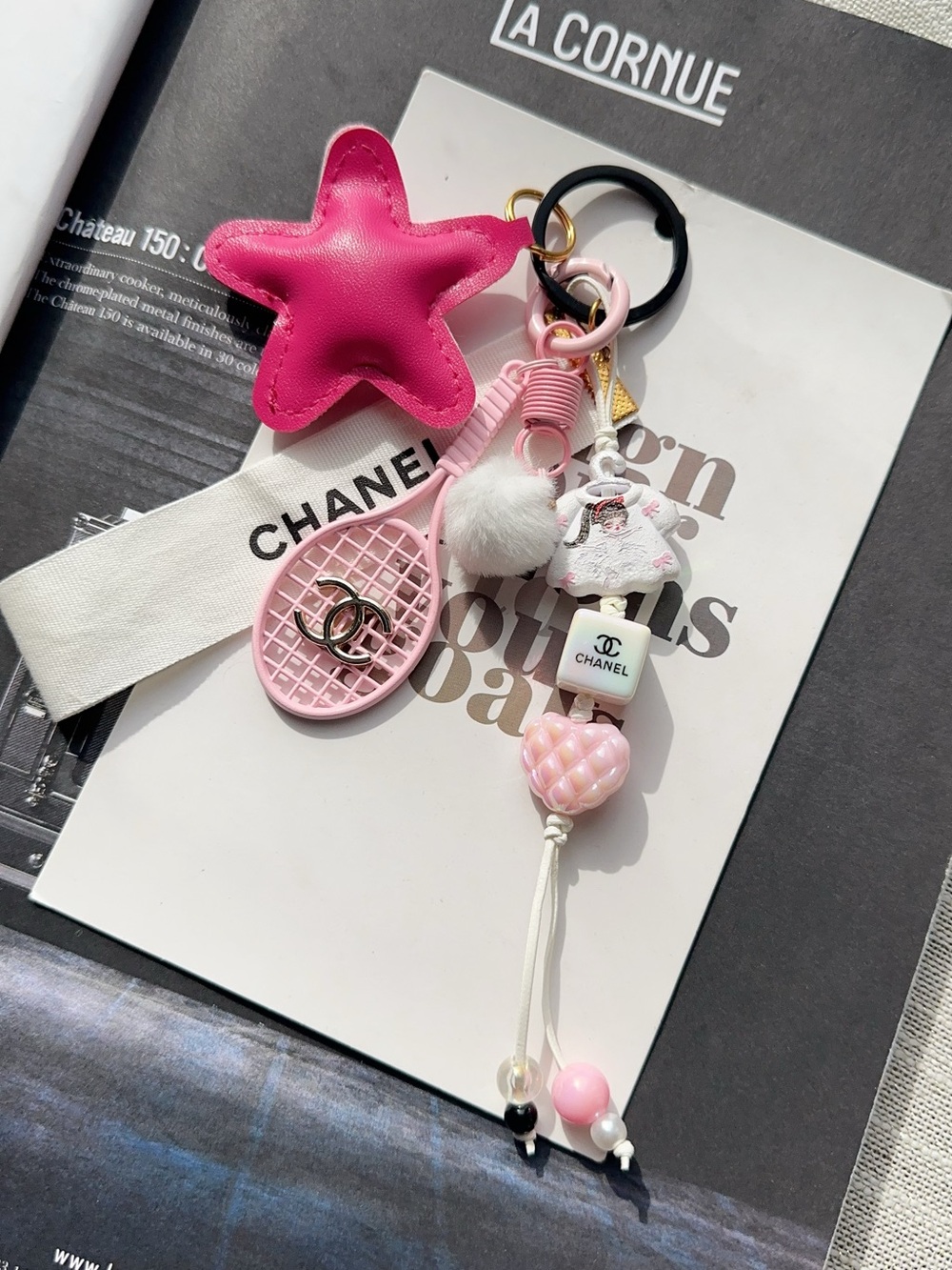 Authentic CC Ribbon with Pink Metal Tennis Racket & Star & Keychain Bag Charm